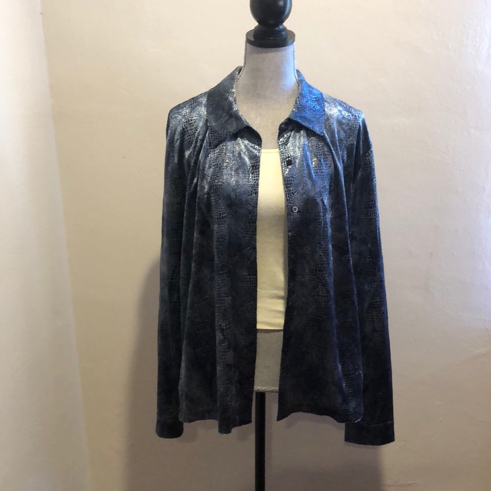 Carole Little Blue Shiny Snake Print Blouse Sz 16